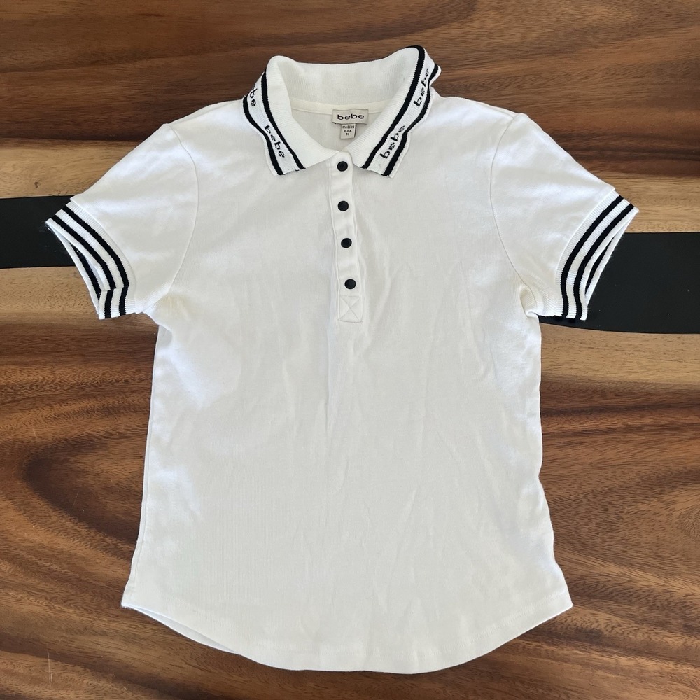 Vintage Women's BEBE short-sleeve polo shirt White Size Medium USA Y2K